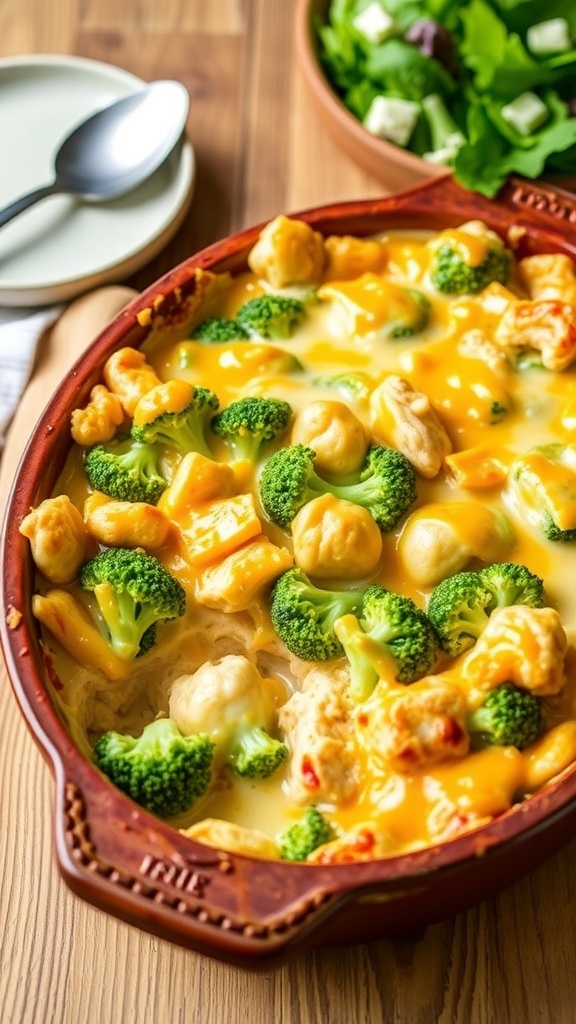 Cheesy low carb chicken casserole with broccoli and cauliflower in a baking dish.